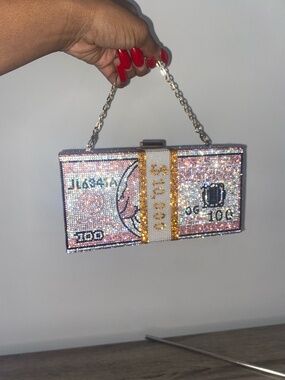 Pink Rhinestone Money Clutch Bag